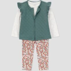 Carter's Just One You® Baby Girls' 3pc Vest With Floral Leggings Set - Green