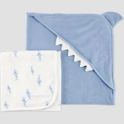 Carter's Just One You®️ Baby 2pk Shark Towel - Blue: Cotton Polyester Hooded Towels, Animal Theme, 29"x29" -Carter's Just One You®️ GUEST 97ca35dc 51a0 42b4 afae e4ebd7065c6d