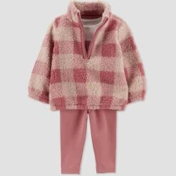 Carter's Just One You®️ Baby Girls' Plaid Deer Sherpa Pullover & Bottom Set - Pink